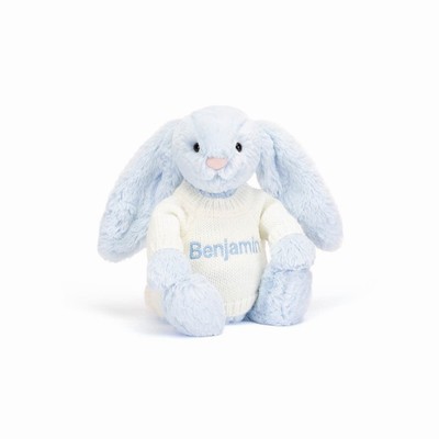 Jellycat Bashful Blue Bunny with Cream Jumper USA | 84972ZICM